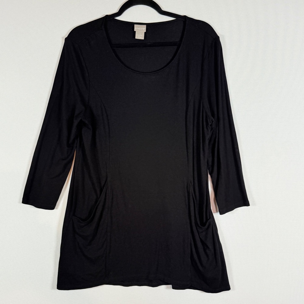 Chico's Black Tunic Top Womens 1‎ Medium 3/4 Sleeve Pockets Casual Minimalist